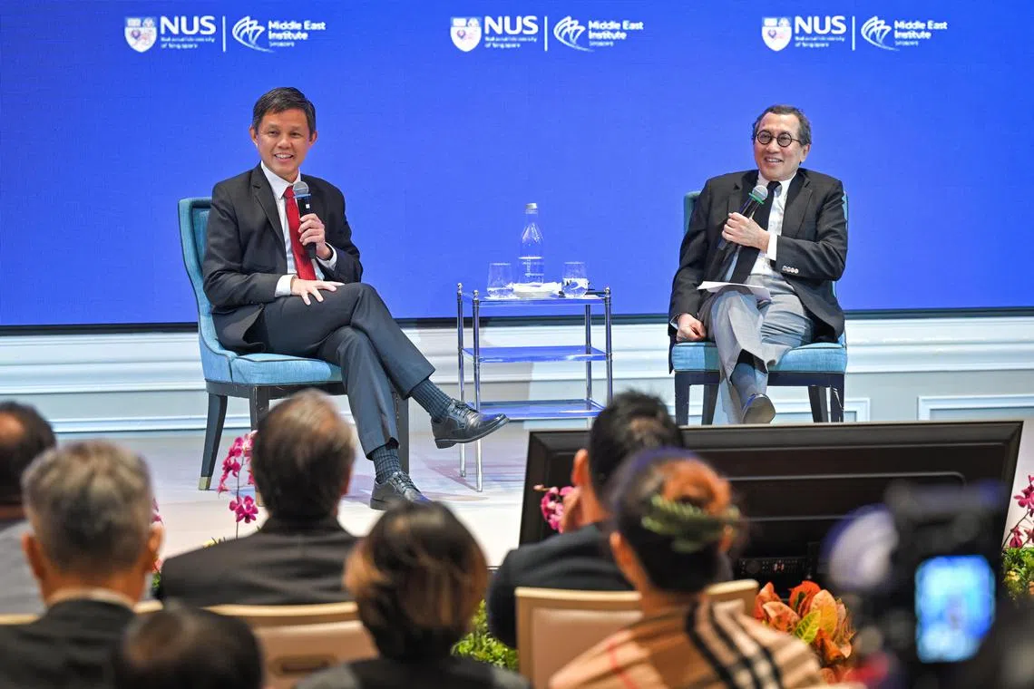 Education Minister Chan Chun Sing and Mr Bilahari Kausikan at the Middle East Institute Annual Conference 2024 at Orchard Hotel on June 25.