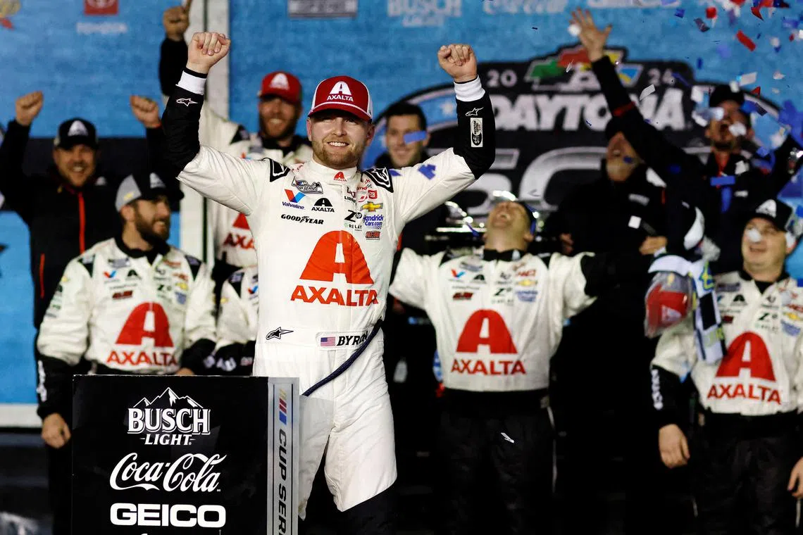 Feb 19, 2024; Daytona Beach, Florida, USA; NASCAR Cup Series driver William Byron (24) reacts in victory lane after winning the Daytona 500 at Daytona International Speedway.  Mandatory Credit: Peter Casey-USA TODAY Sports/File Photo