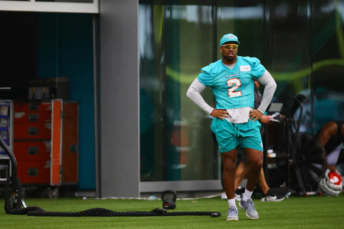 FILE PHOTO: Jul 24, 2024; Miami Gardens, FL, USA; Miami Dolphins linebacker Bradley Chubb (2) looks during training camp at Baptist Health Training Complex. Mandatory Credit: Sam Navarro-USA TODAY Sports/File photo