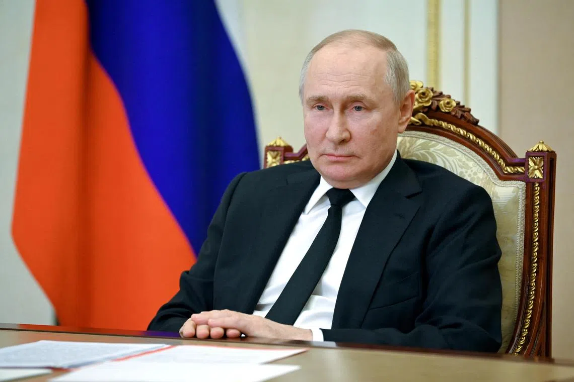 Russian President Vladimir Putin chairs a meeting of the Security Council via a video link in Moscow, Russia, July 21, 2023. Sputnik/Alexander Kazakov/Kremlin via REUTERS ATTENTION EDITORS - THIS IMAGE WAS PROVIDED BY A THIRD PARTY.