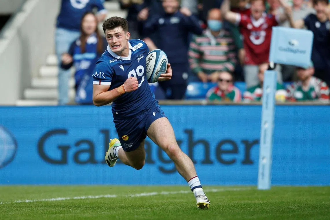 Rugby - England - Premiership - Play-off Semi Final - Sale Sharks vs Leicester Tigers - AJ Bell Stadium, Eccles, Britain - May 14, 2023 Sale Sharks' Raffi Quirke runs in but has his try disallowed  Action Images/Ed Sykes