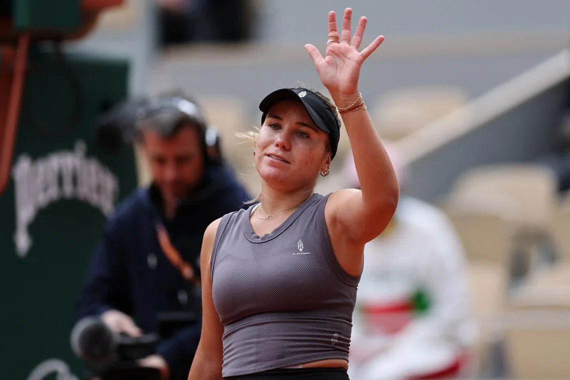 FILE PHOTO: Tennis - French Open - Roland Garros, Paris, France - May 27, 2025 Sofia Kenin of the U.S. celebrates after winning her first round match against France's Varvara Gracheva REUTERS/Gonzalo Fuentes/ File Photo