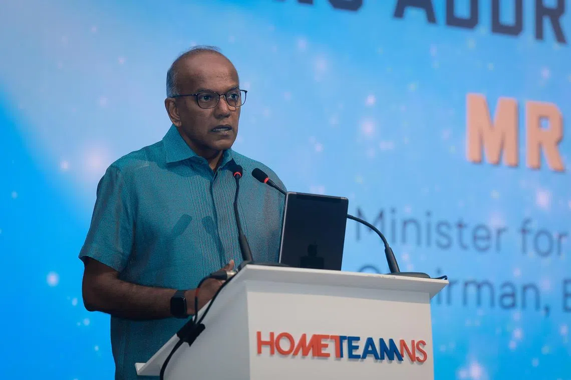Home Affairs and Law Minister K Shanmugam speaking at the HomeTeamNS Award ceremony held at the HomeTeamNS Khatib on April 3, 2025.