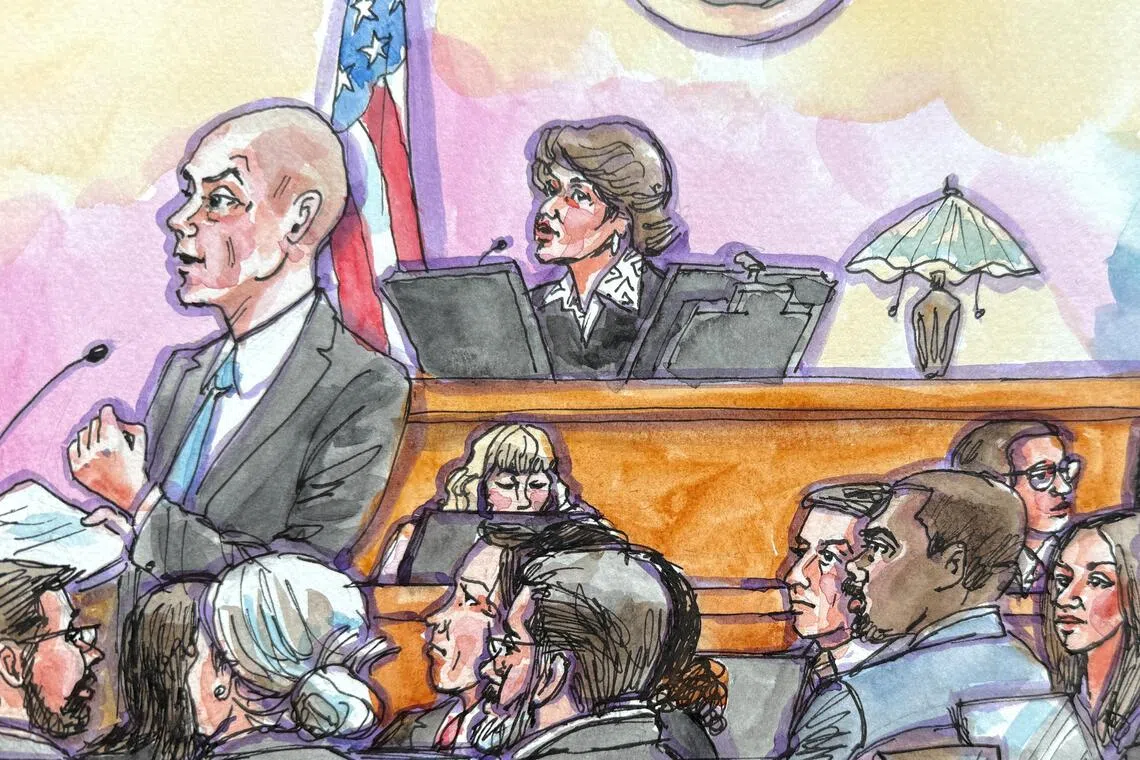 Illustration of a panel of people seated behind a wooden desk with an American flag in the background.