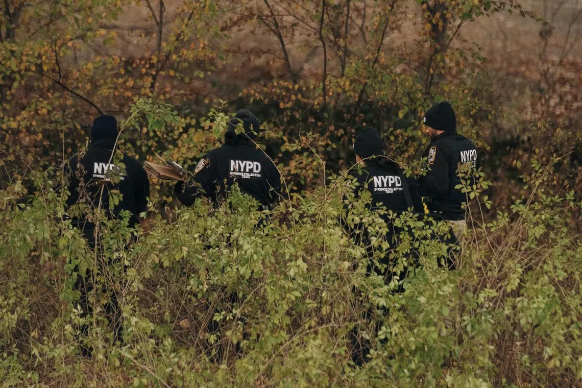 Officers with the New York Police Department search an area in Central Park in Manhattan on Dec 6, where they found a backpack believed to have been ditched by the suspect.