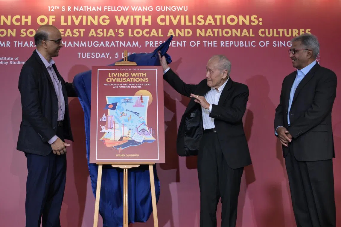 (From left) President Tharman Shanmugaratnam, Professor Wang Gungwu and IPS director Janadas Devan at the launch of Living with Civilisations: Reflections on Southeast Asia's Local and National Cultures.
