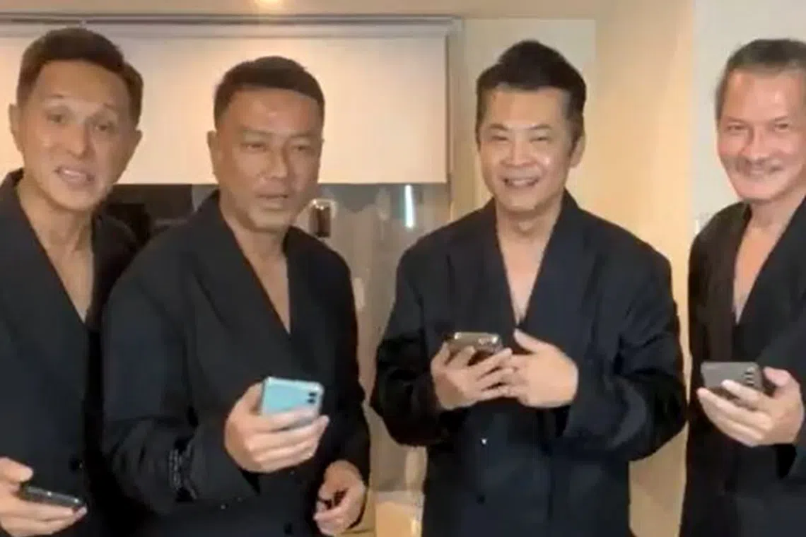 (From left) Colin Chee, Jason Oh, Terence Cao and Peter Yu selling health supplements on the live e-commerce platform Sibay Shiok.