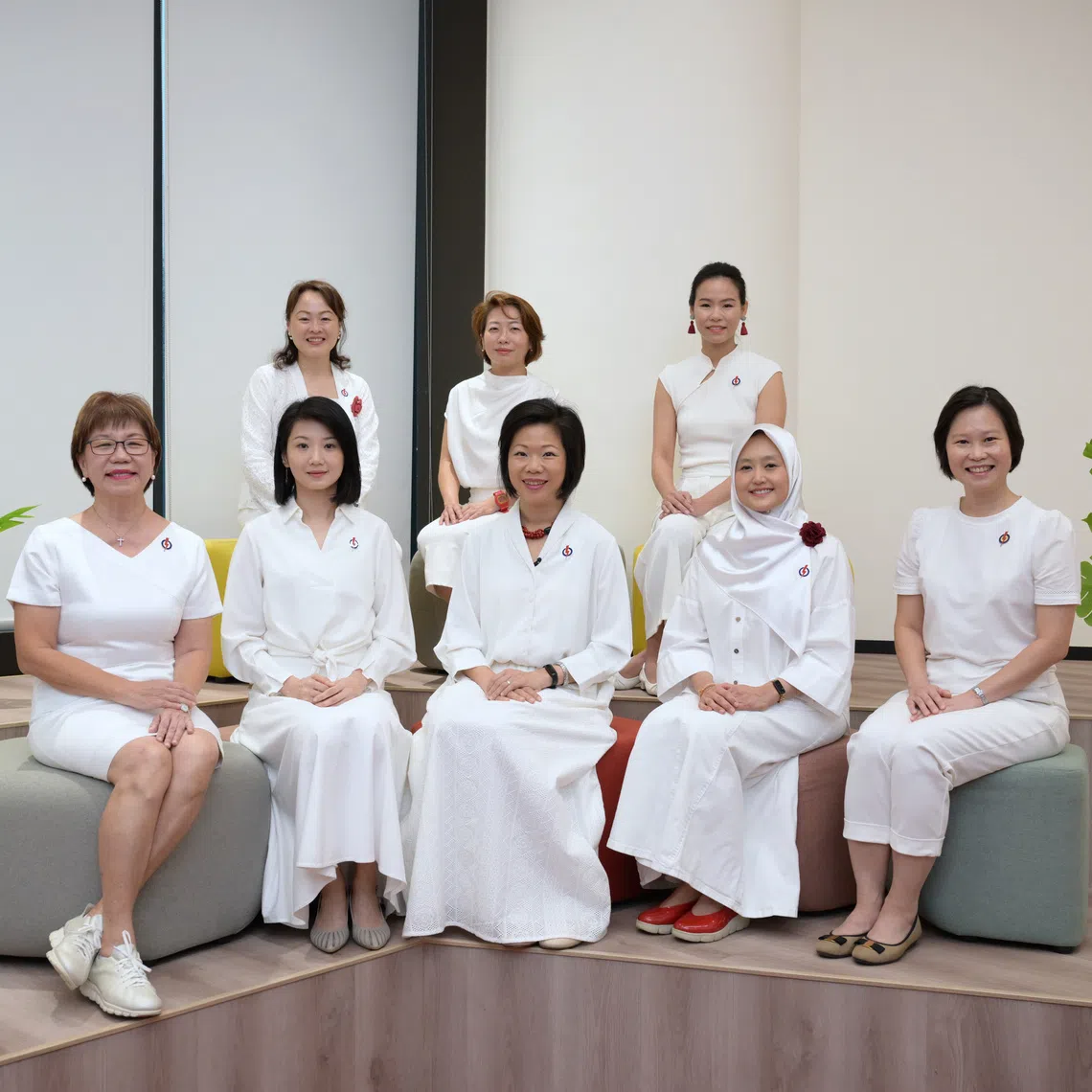 (Front row, from left) Jalan Besar GRC MP Denise Phua, Senior Minister of State for National Development and Transport Sun Xueling, Senior Minister of State for Home Affairs and Foreign Affairs Sim Ann, Minister of State for Digital Development and Information and Health Rahayu Mazam and Minister of State for Foreign Affairs and Trade and Industry Gan Siow Huang. (Back row, from left) Marine Parade-Braddell Heights GRC MP Diana Pang, Mountbatten MP Gho Sze Kee and Sengkang GRC MP Bernadette Giam.