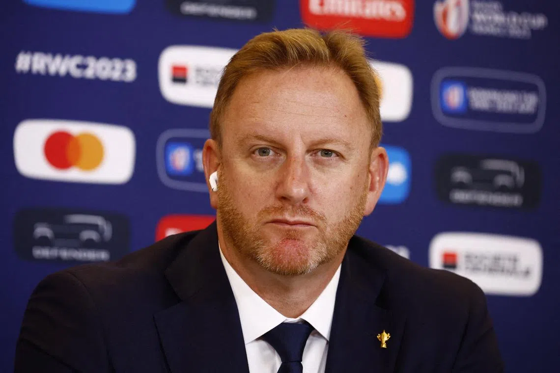 FILE PHOTO: Rugby Union - Rugby World Cup Tournament Opening Press Conference - Roland Garros, Paris, France - September 4, 2023 World Rugby CEO, Alan Gilpin during the press conference REUTERS/Sarah Meyssonnier/File Photo