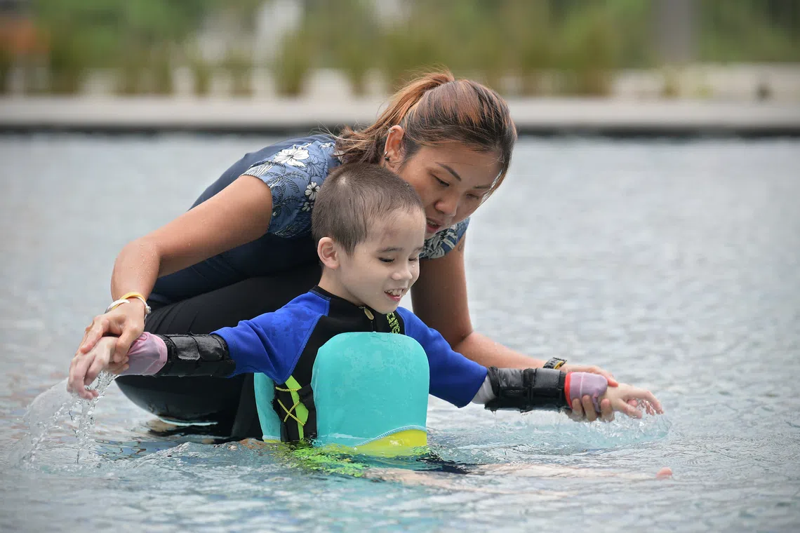 Ms Aine Wong, 45, is an administrator by day but on Saturdays she has a full day of teaching special needs kids to swim. She is a single mother of dyslexic boys so she saw firsthand the struggles they had with unsympathetic instructors.