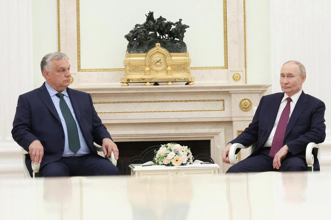 Russia's President Vladimir Putin and Hungary's Prime Minister Viktor Orban attend a meeting at the Kremlin in Moscow, Russia July 5, 2024. Sputnik/Valeriy Sharifulin/Pool via REUTERS