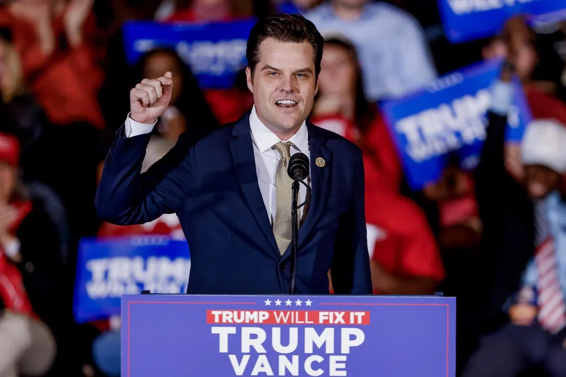 epa11701620 Republican US Representative from Florida Matt Gaetz speaks before Republican vice presidential nominee and Ohio Senator JD Vance participates in an Election Day eve campaign rally in the Cobb County area of Atlanta, Georgia, USA, 04 November 2024. Vance is the running mate of former US president Donald Trump. The US Election Day is 05 November 2024.  EPA-EFE/ERIK S. LESSER