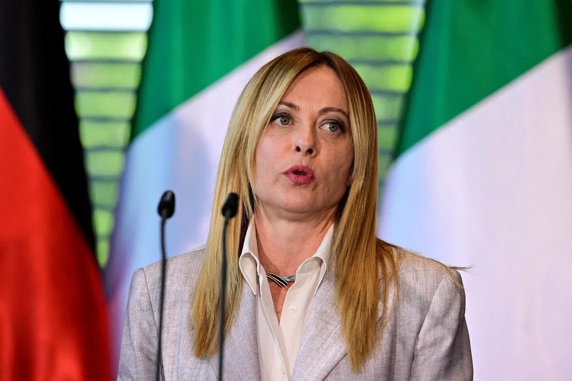 Italy's Prime Minister Giorgia Meloni addresses the press at the end of a meeting with state leaders of the European Group of Five (E5) at the Chancellery in Berlin, Germany, June 24, 2026    JOHN MACDOUGALL/Pool via REUTERS