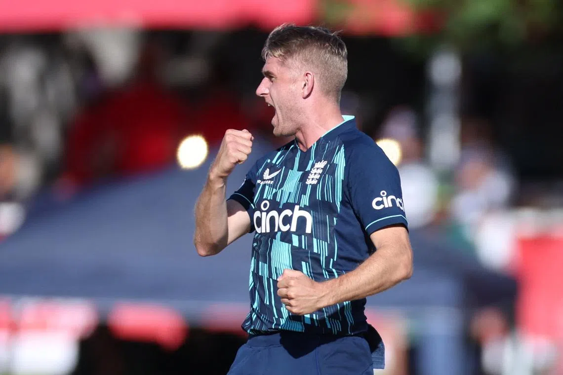 FILE PHOTO: Cricket - Second One Day International - South Africa v England - Manguang Oval, Bloemfontein, South Africa - January 29, 2023 England's Olly Stone celebrates after taking the wicket of South Africa's Heinrich Klaasen REUTERS/Esa Alexander/File photo
