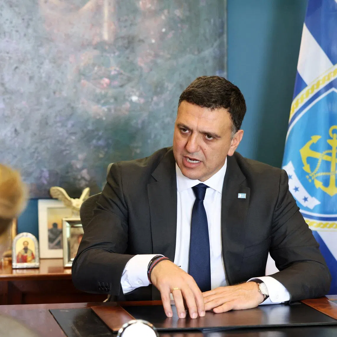 Greek Minister of Maritime Affairs and Insular Policy Vassilis Kikilias speaks during an interview with Reuters, amid the U.S.-Israel conflict with Iran, at the Ministry of Maritime Affairs and Insular Policy in Piraeus, Greece, March 3, 2026. REUTERS/Louiza Vradi