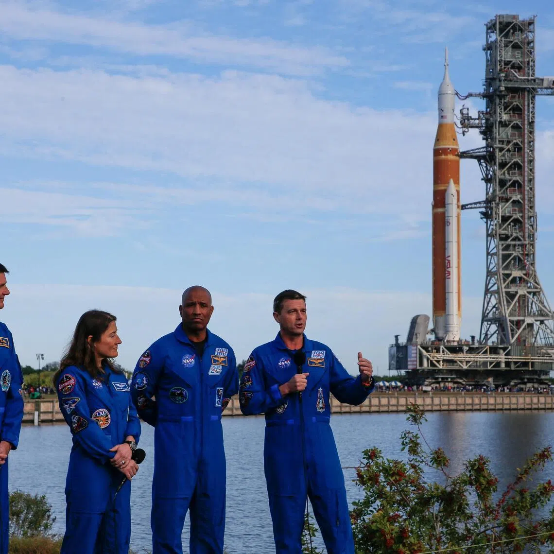 (l to r)Artemis II mission Commander Reid Wiseman speaks next to pilot Victor Glover, mission specialists Christina Koch and Jeremy Hansen.