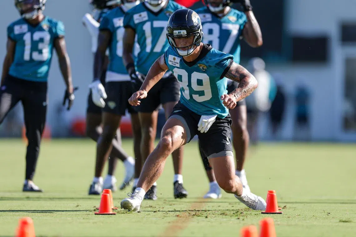 FILE PHOTO: Jul 24, 2025; Jacksonville, FL, USA; Jacksonville Jaguars wide receiver Louis Rees-Zammit (89) participates in training camp at Miller Electric Center. Mandatory Credit: Nathan Ray Seebeck-Imagn Images/File Photo