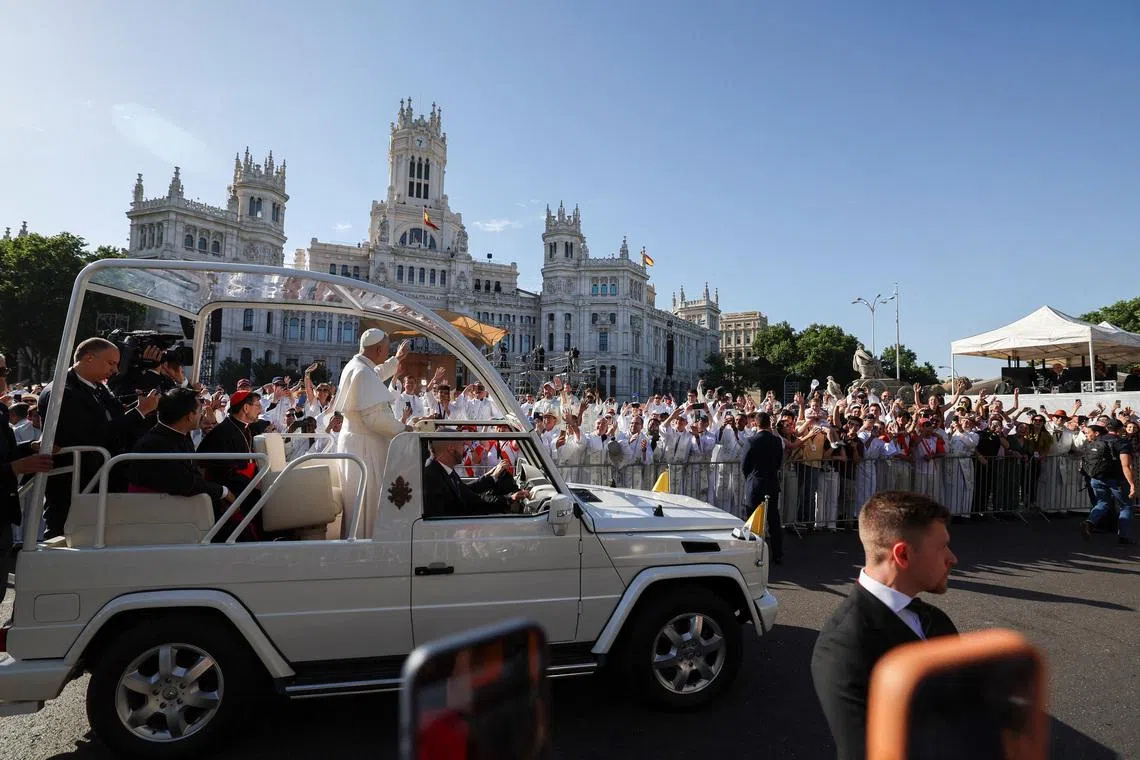 Pope Leo arrives to celebrate Holy Mass at Plaza de Cibeles, during his apostolic journey in Madrid on June 7. The mass is expected to be the largest event during his week-long visit to Spain.