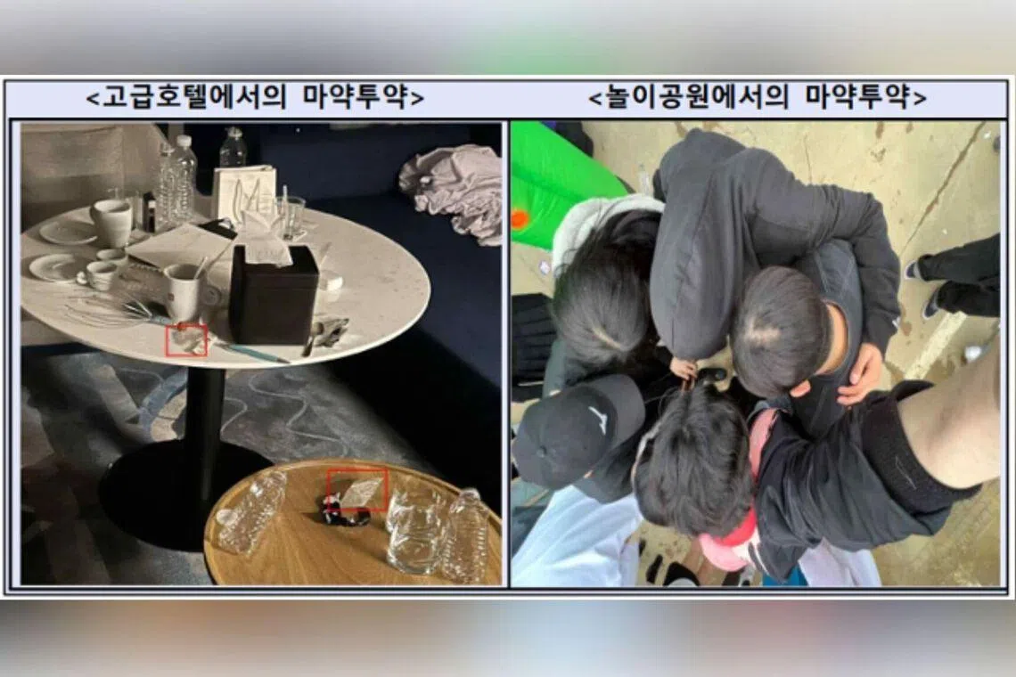 Photos used as evidence show students using illegal drugs at a hotel and a theme park. 