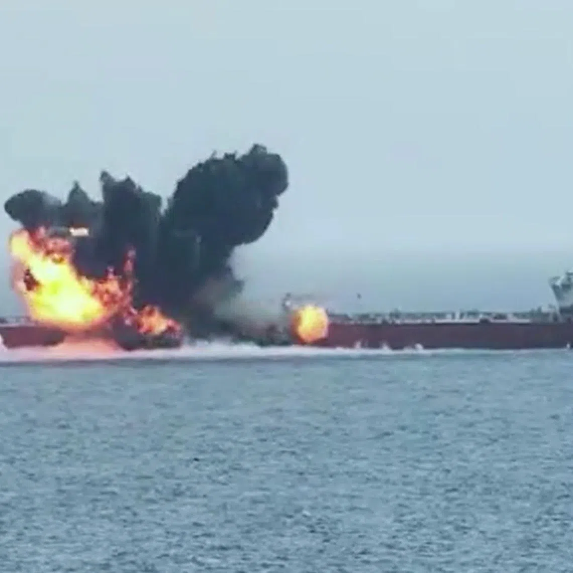 Smoke rising from an explosion at the Chios Lion tanker ship after an attack in the Red Sea, Yemen, on July 16.
