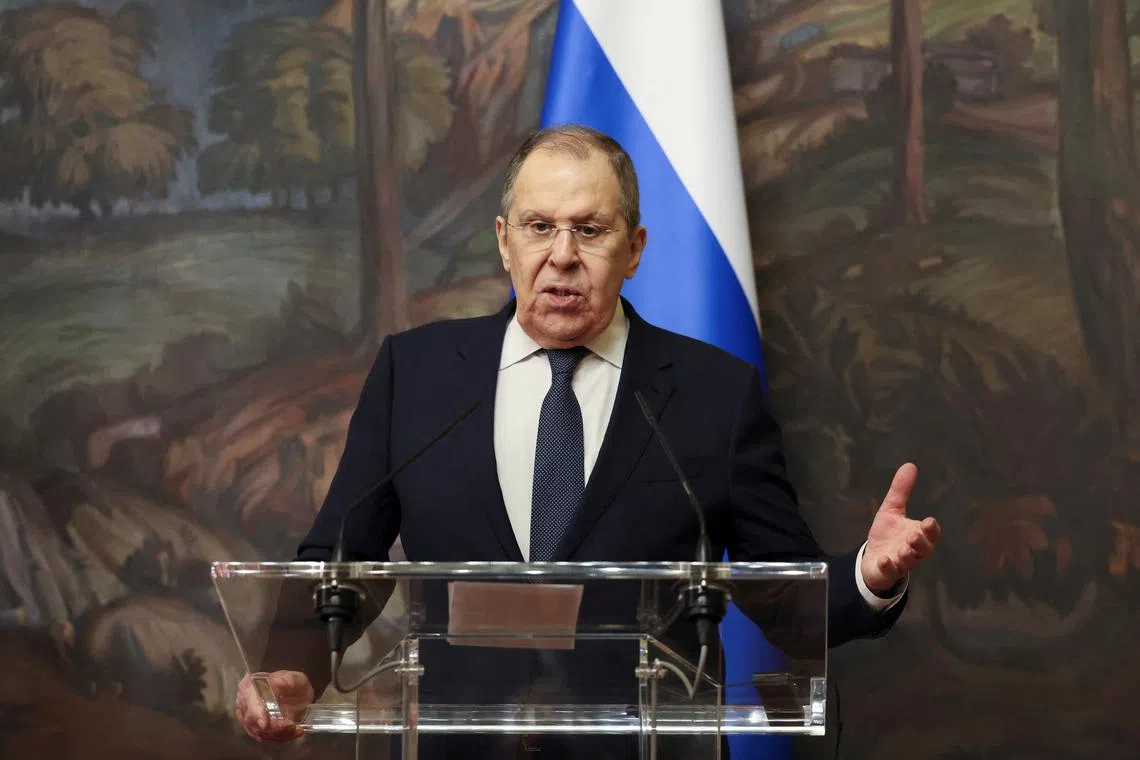 FILE PHOTO: Russian Foreign Minister Sergei Lavrov speaks during a press conference following talks with Syrian Foreign Minister Asaad Hassan al-Shibani in Moscow, Russia, July 31, 2025. REUTERS/Shamil Zhumatov/Pool/File Photo