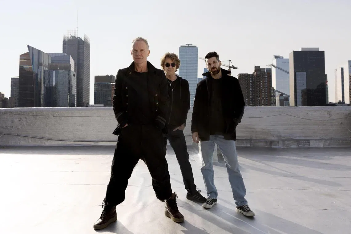 British singer Sting's (far left) 3.0 tour sees him performing with guitarist Dominic Miller (left), and drummer Chris Maas (right)