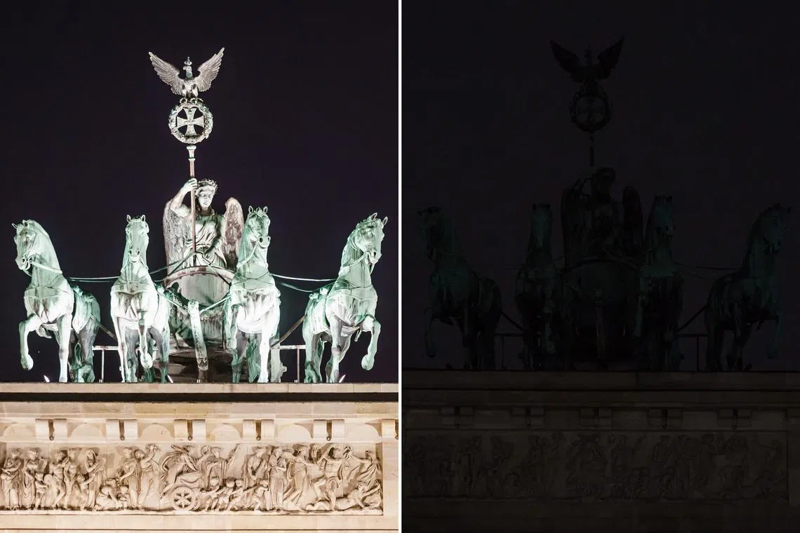 epa10543416 A composite picture shows the Quadriga statue on top of the Brandenburg Gate illuminated (L) and not illuminated (R) moments before and after the switch off of its illumination and the beginning of the so called Earth Hour in Berlin, Germany, 25 March 2023. Landmark buildings across Germany turn off their lights for one hour to take part in the Earth Hour movement as a sign of their commitment to the planet. Earth Hour is an annual event, organized by the WWF World Wide Fund for Nature, in which lights are switched off in major cities around the world to draw attention to energy consumption and its environmental effects. EPA-EFE/CLEMENS BILAN