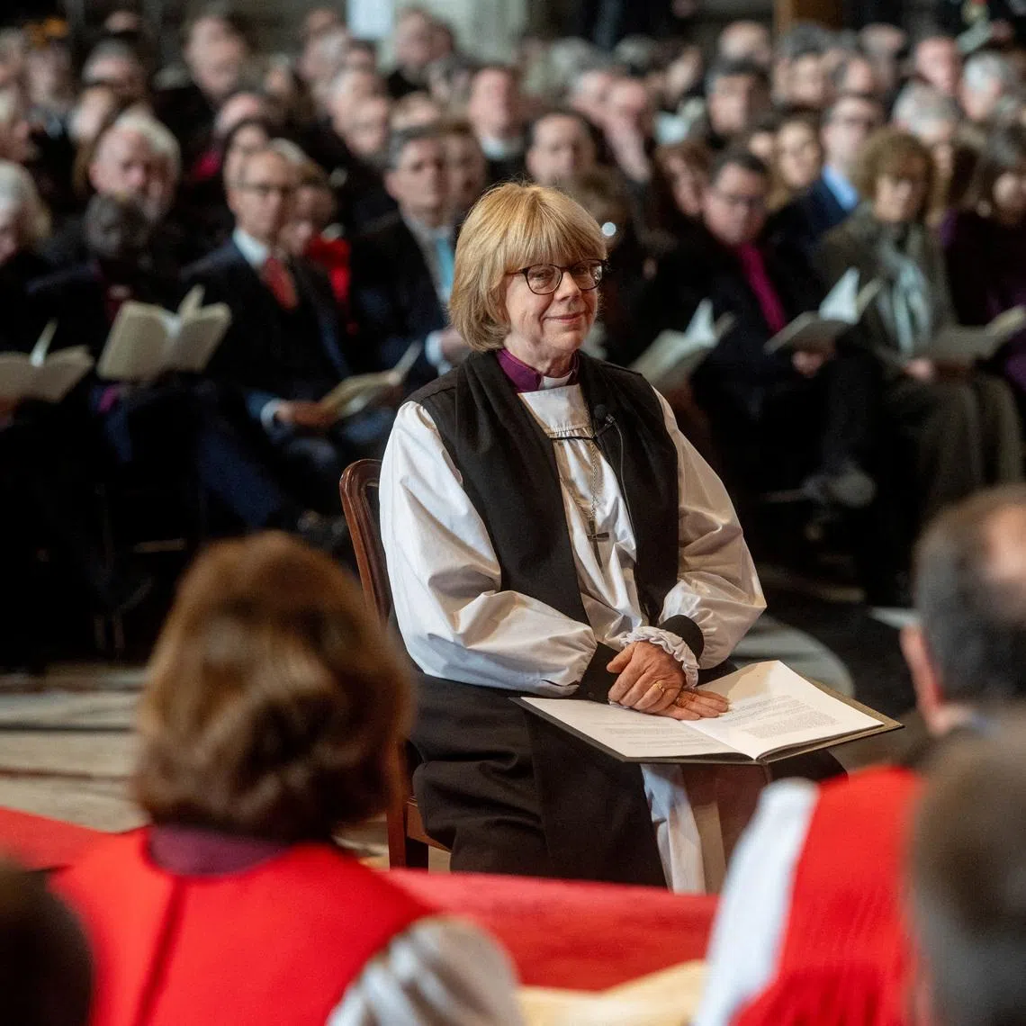 FILE PHOTO: Dame Sarah Mullally during her Confirmation of Election ceremony, legally confirming her as the new Archbishop of Canterbury, at St Paul's Cathedral in London, Britain, January 28, 2026.   Jeff Moore/Pool via REUTERS/File Photo