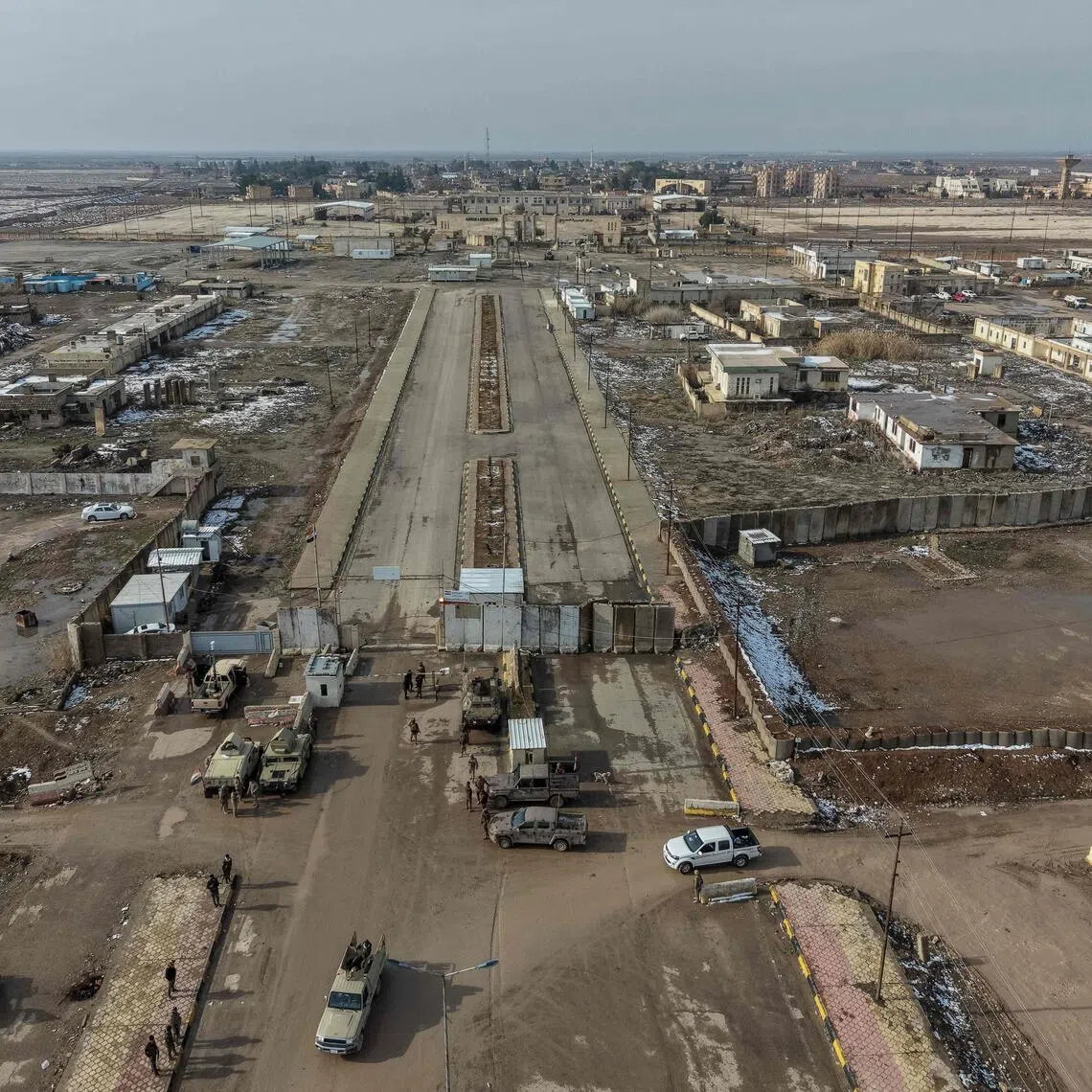 This aerial photo taken on Jan 24, 2026 shows the Al-Yarubiyah border crossing with Syria in the city of Rabia, north of Mosul. 