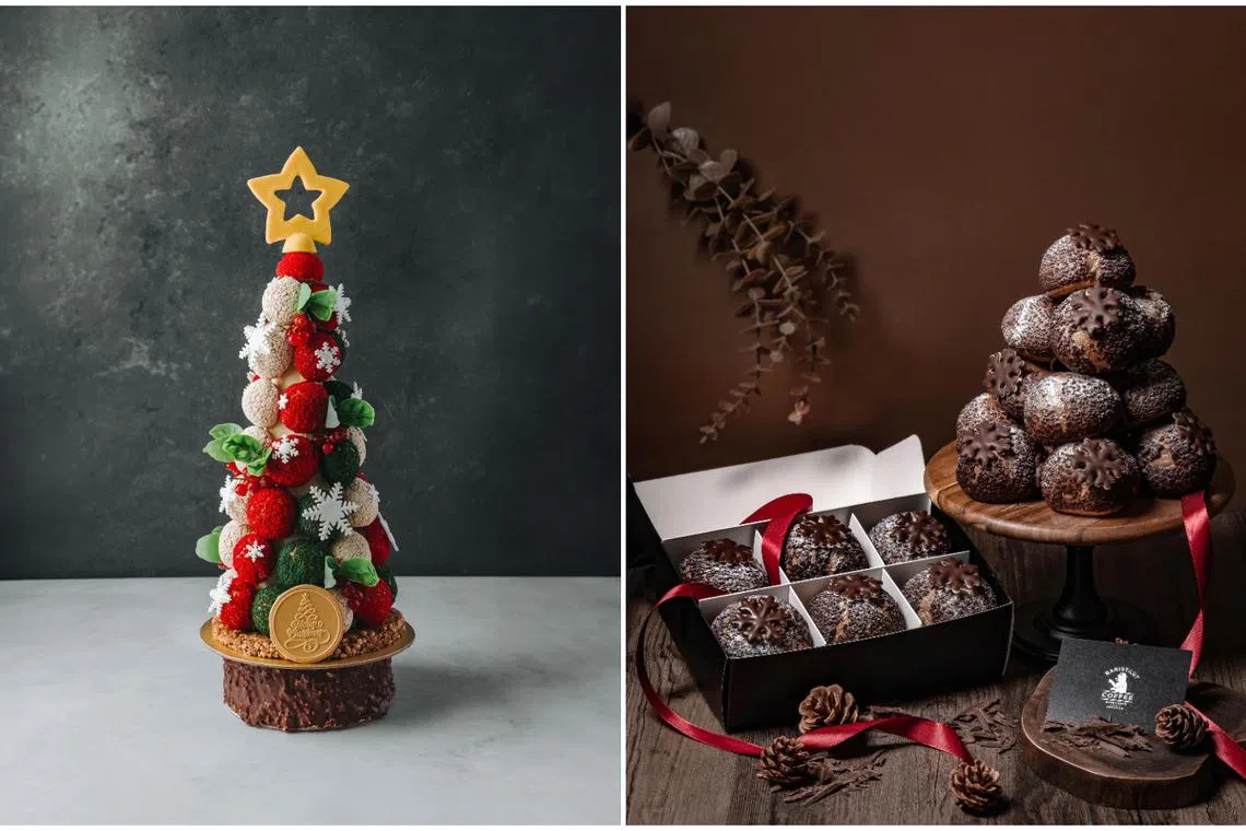 Le Matin Patisserie's Christmas Croquembouche (left) and Baristart Coffee Singapore's box of six chocolate cream puffs and chocolate croquembouche.