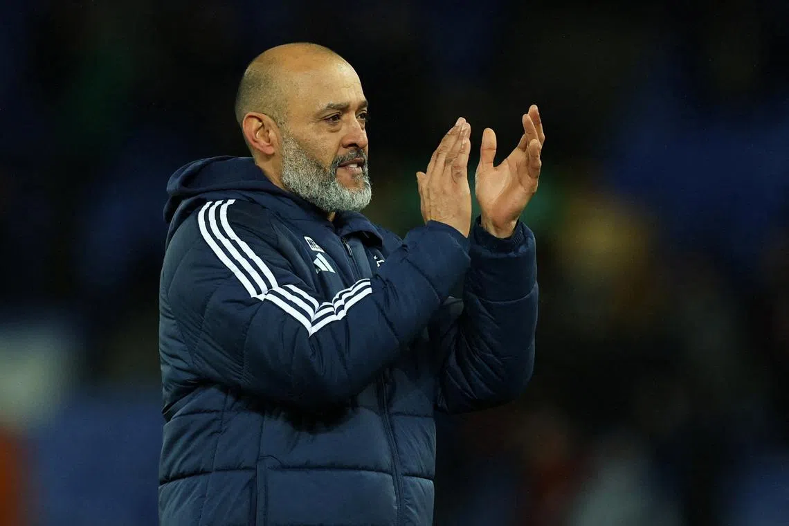 FILE PHOTO: Soccer Football - Premier League - Everton v Nottingham Forest - Goodison Park, Liverpool, Britain - December 29, 2024 Nottingham Forest manager Nuno Espirito Santo applauds their fans after the match REUTERS/Phil Noble/File Photo