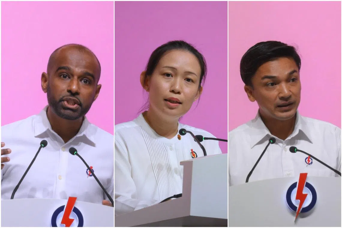 (From left) Assistant branch secretary of PAP Jurong Spring division Hamid Razak, organising secretary of the Young PAP Chua Wei-Shan, and branch chairman of PAP Sengkang Central division Elmie Nekmat spoke for the first time at their party’s convention on Nov 5.