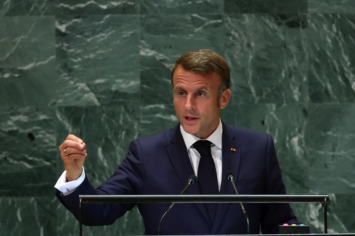 French President Emmanuel Macron addresses the 79th United Nations General Assembly at UN headquarters in New York, U.S., September 25, 2024. REUTERS/Mike Segar