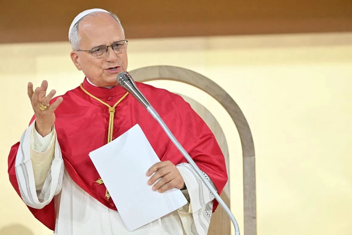 Pope Leo XIV speaks during a prayer vigil with young people at the Stade de France stadium, in Saint-Denis on the outskirts of Paris on Sept 25, 2026.