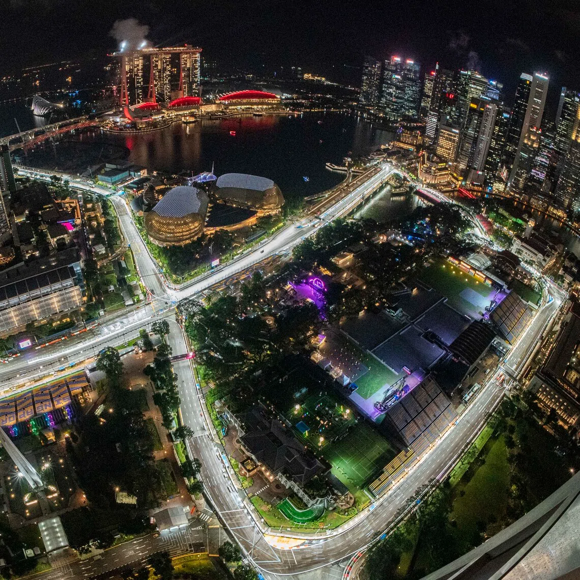 The Marina Bay street circuit as seen Swissotel The Stamford Singapore ahead of the Formula One Singapore Airlines Singapore Grand Prix on Oct 1, 2025.