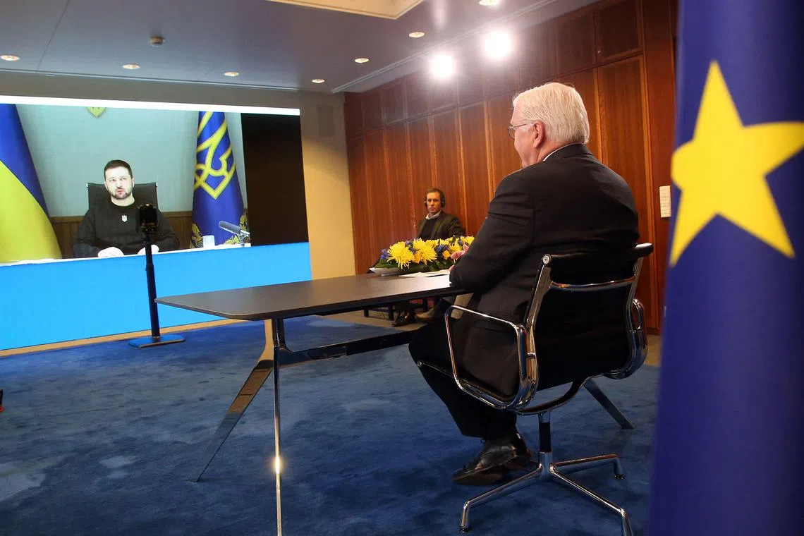 Ukrainian President Volodymyr Zelensky on a video call with German President Frank-Walter Steinmeier on Jan 17, 2023.