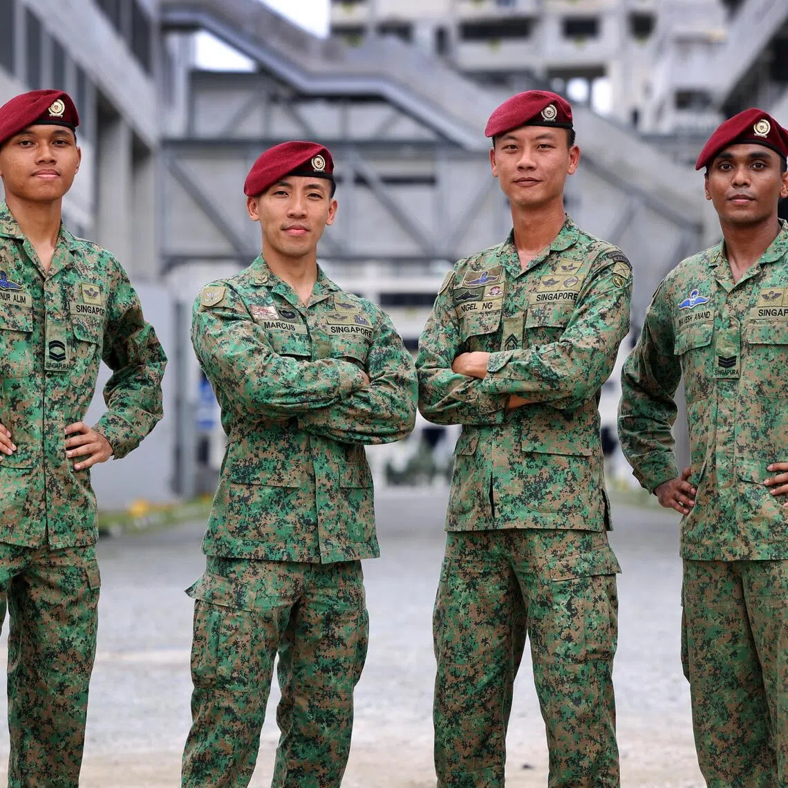 The 1st Commando Battalion’s commanding officer, Major Marcus Cheong (second from right), with (from left) Corporal First Class Mohammed Naqib Nur Alim Mohammed Haf, First Warrant Officer Nigel Ng Jian Yuan and Third Sergeant Bhavesh Anand.