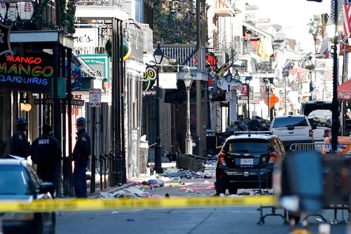 Debris is left along Bourbon Street after a pickup truck was driven into a large crowd in the French Quarter of New Orleans, Louisiana, U.S. January 1, 2025. Geoff Burke/USA TODAY NETWORK via REUTERS NO RESALES. NO ARCHIVES. MANDATORY CREDIT