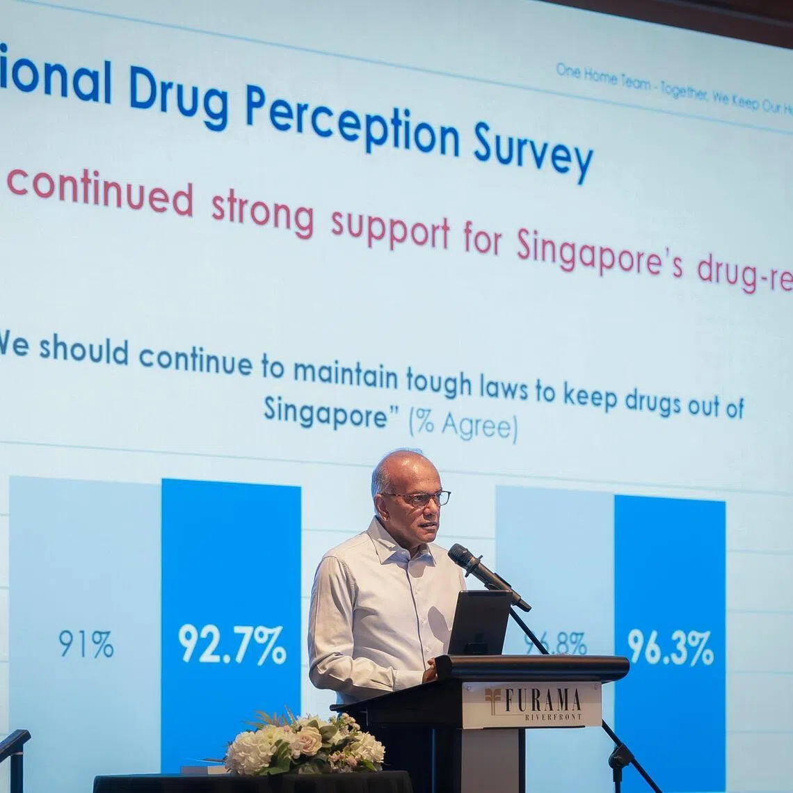 Home Affairs Minister K. Shanmugam speaking at the Community Resilience Against Drug Abuse (CRADA) Roundtable at Furama Riverfront Hotel on March 12.