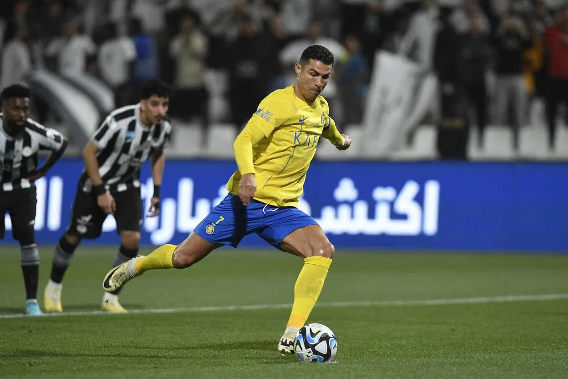 Soccer Football - Saudi Pro League - Al Shabab v Al Nassr - Prince Faisal bin Fahd Stadium, Riyadh, Saudi Arabia - February 25, 2024 Al Nassr's Cristiano Ronaldo scores their first goal from the penalty spot REUTERS/Stringer