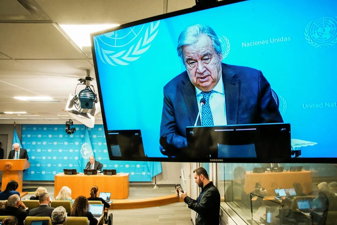 United Nations Secretary-General Antonio Guterres is seen on a screen as he speaks during a press conference outlining his priorities for 2026 at U.N. headquarters in New York City, U.S., January 29, 2026.    REUTERS/Eduardo Munoz