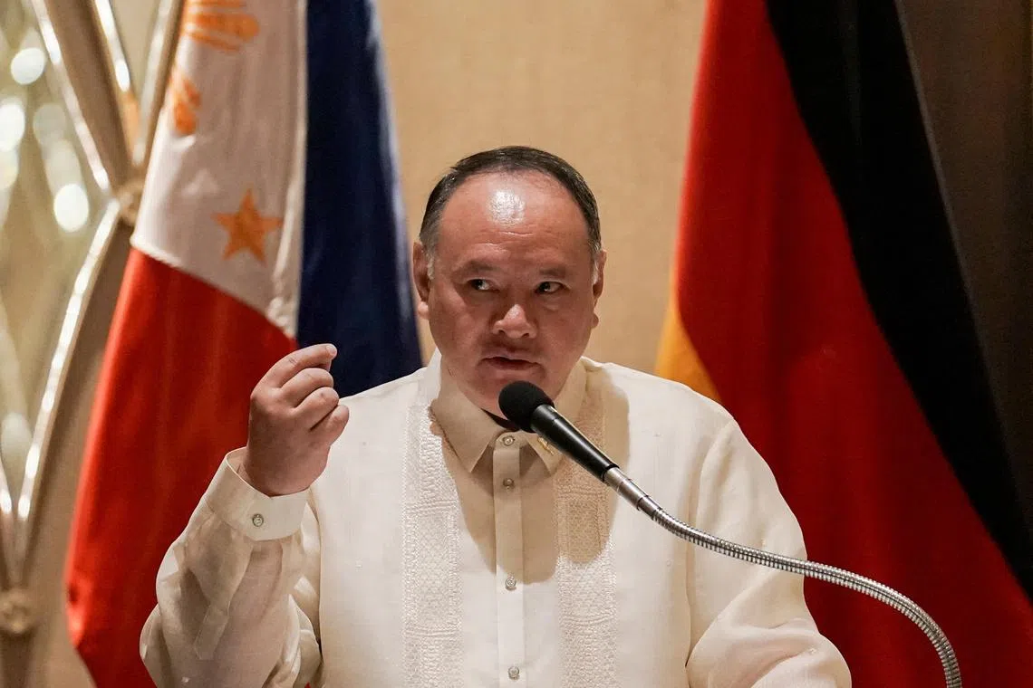 Philippine Defence Minister Gilberto Teodoro speaks during a joint press conference with German Defence Minister Boris Pistorius (not pictured) at a hotel in Makati, Metro Manila, Philippines, August 4, 2024. REUTERS/Lisa Marie David/File Photo