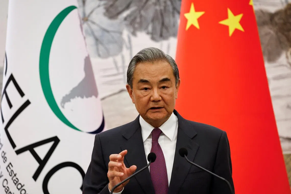 Chinese Foreign Minister Wang Yi attends a press conference for a ministerial meeting of the China-CELAC Forum, at the Diaoyutai State Guesthouse, in Beijing, China May 13, 2025. REUTERS/Tingshu Wang/Pool/File Photo