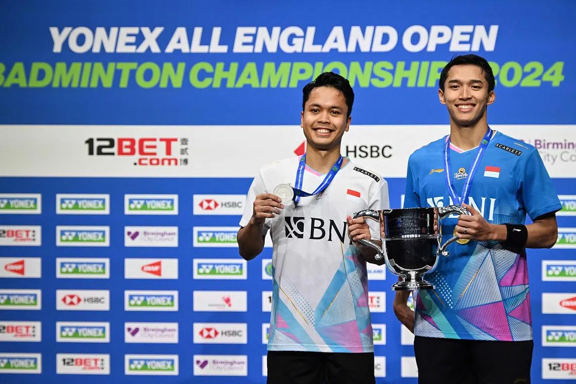 Newly crowned All England champion Jonatan Christie (right) with fellow Indonesian and runner-up Anthony Sinisuka Ginting at the All England Open. 
