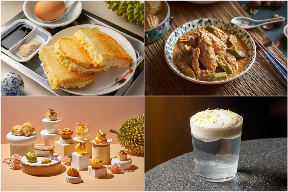(Clockwise from top left) Ms Durian's Mao Shan Wang Durian Kaya Toast, Indocafe Peranakan Dining's Udang Tempoyak Durian, F*nkytown's Durian Colada and Mao Shan Wang Durian Afternoon Tea at the Lobby Lounge. 