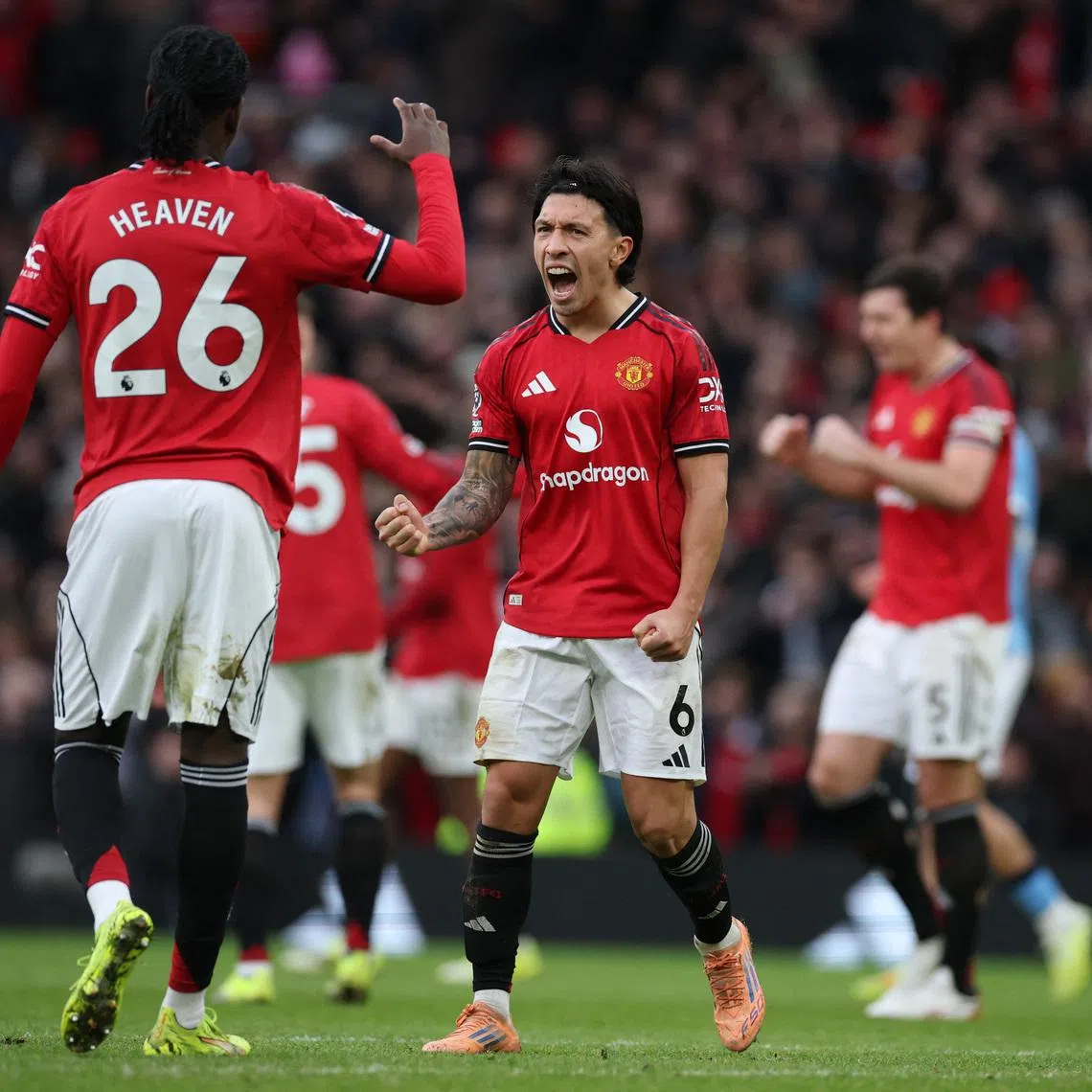 Soccer Football - Premier League - Manchester United v Manchester City - Old Trafford, Manchester, Britain - January 17, 2026 Manchester United's Lisandro Martinez celebrates after the match REUTERS/Phil Noble