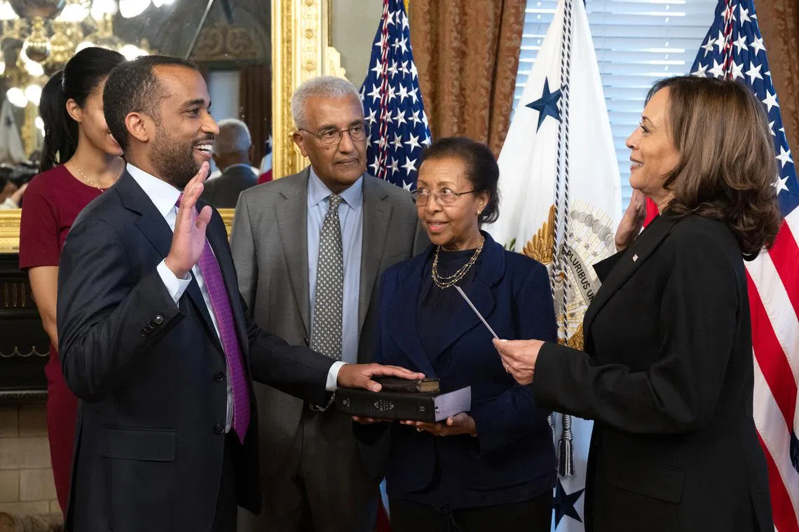 US Vice President Kamala Harris (right) swears in Yohannes Abraham to be US Ambassador to Asean on Sept 19, 2022.