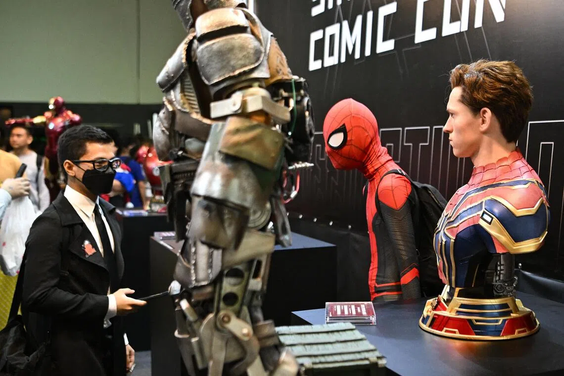 ST20221210-202237156489-Lim Yaohui-pixgeneric/
Model of Spiderman on display during Singapore Comic Con (SGCC) at Sands Expo and Convention Centre on Dec 10, 2022.
Singapore Comic Con (SGCC), previously known as Singapore Toy, Game & Comic Convention (STGCC), is Southeast Asia's ultimate celebration of the best of Western and Asian pop culture ranging from toys, collectibles, comics and esports to cosplay.
(ST PHOTO: LIM YAOHUI)