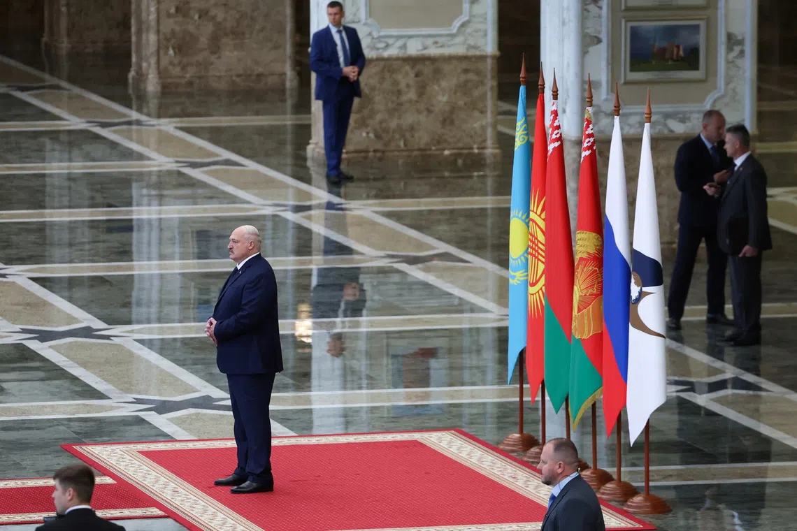 Belarusian President Alexander Lukashenko waits for participants to arrive before a meeting of the Supreme Eurasian Economic Council in Minsk, Belarus June 27, 2025. Sputnik/Alexander Kazakov/Pool via REUTERS