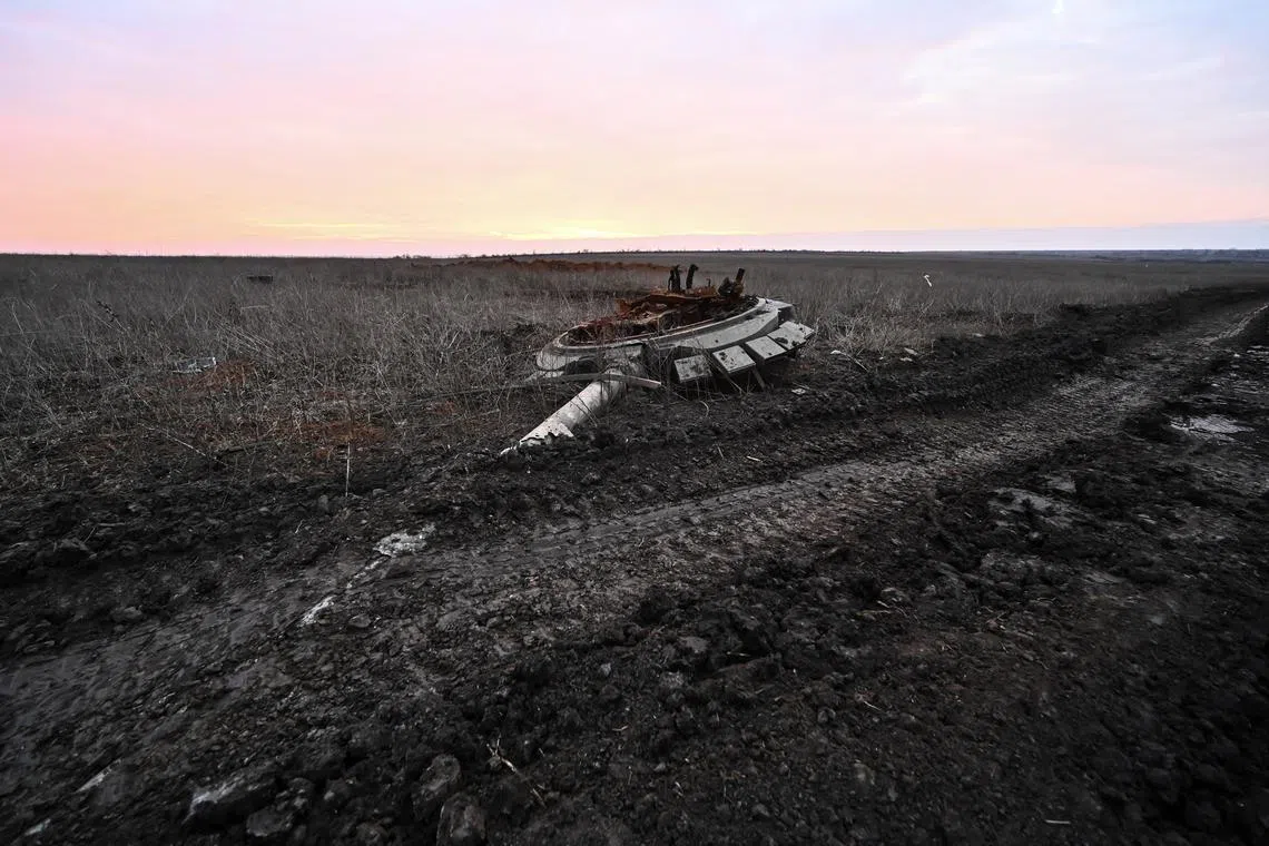 A turret of a destroyed Russian tank is seen near the front line village of Robotyne, amid Russia's attack on Ukraine, in Zaporizhzhia region, Ukraine February 21, 2024. REUTERS/Stringer/File Photo
